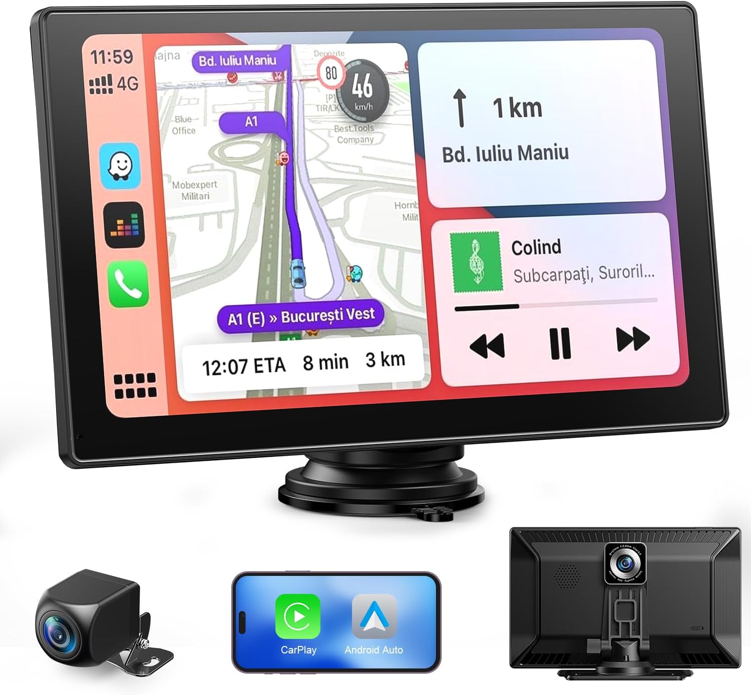 9" Wireless Portable Car Play Screen for Apple CarPlay & Android Auto, Touchscreen Car Stereo with 1080P Backup Camera, OTA Updates,Mirror Link, Voice Control, GPS Navigation, FM