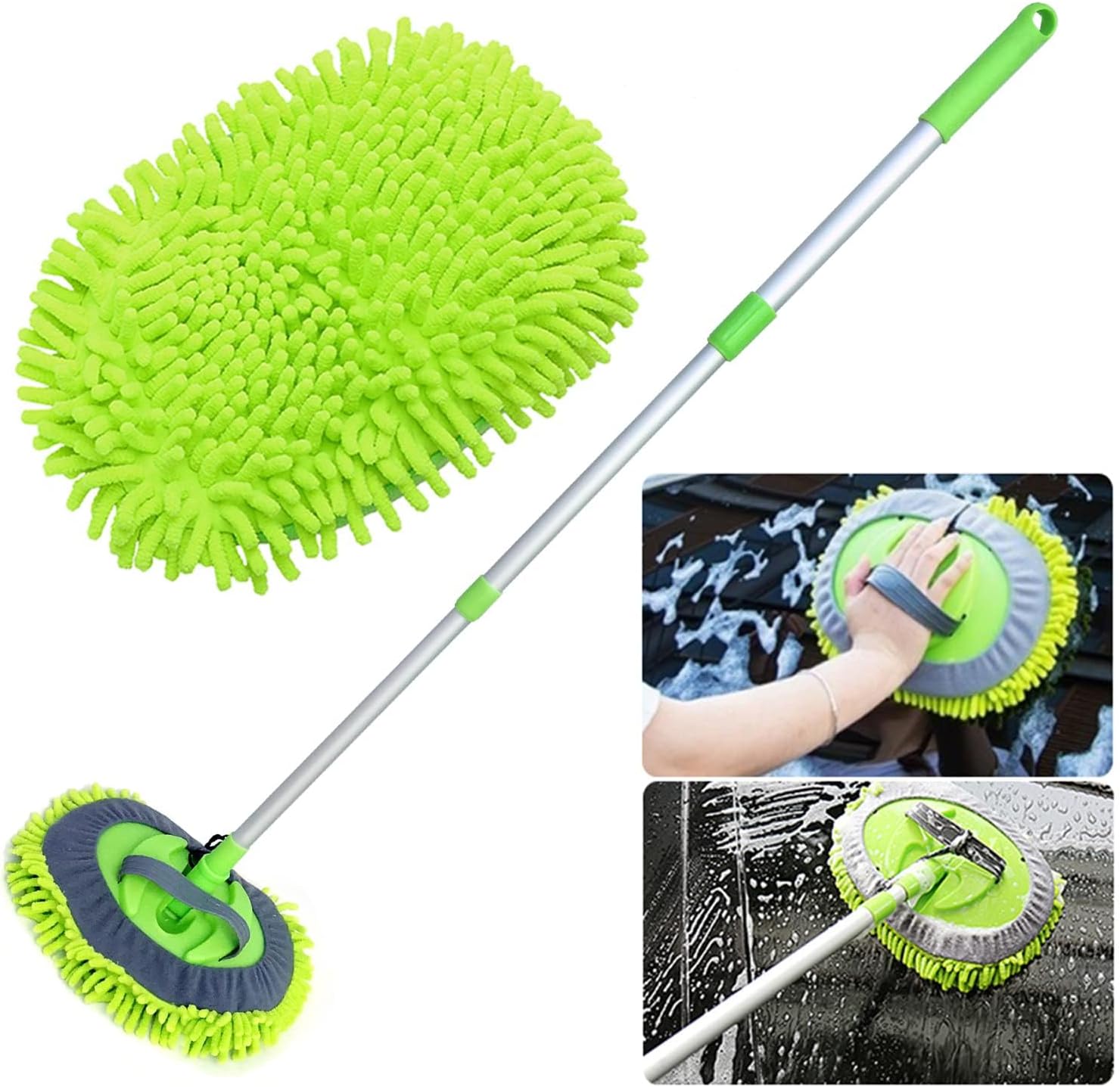 WONKEY - Microfiber Car Wash Brush, Multifunctional Car Wash Brush, Telescopic Long Handle Car Mop Brush