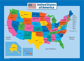 USA Map for Kids - LAMINATED - United States Wall Chart Map 18 x 24