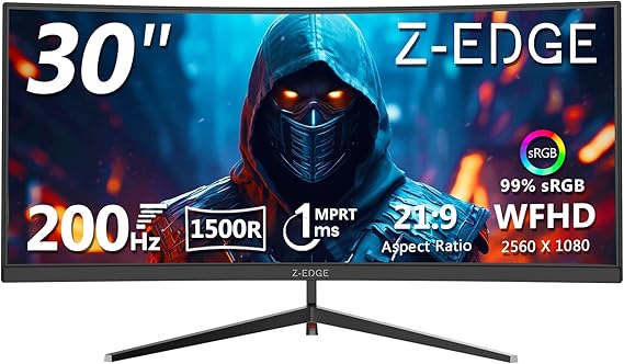 Z-Edge 30" Curved Gaming Monitor, WFHD1080P 200Hz 165Hz 144Hz, MPRT 1ms | 21:9 Aspect Ratio, 1500R Curved, 16.7M Colors, 3000:1 Contrast, UG30 PIP-PBP, 2X DP 1.4 Ports and 2X HDMI 2.0 Port
