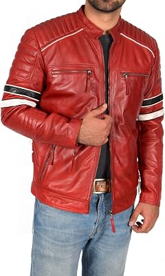 Mens Leather Jackets Motorcycle Bomber Biker Red Real Leather Jacket Men XL Red