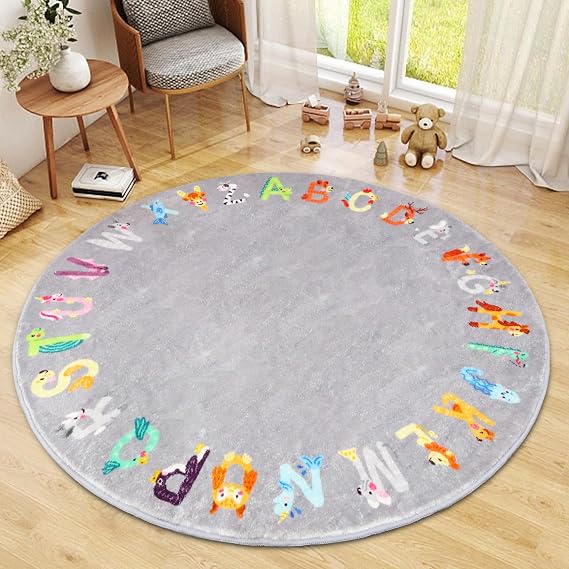 5.2ft Round ABC Animal Kids Rug, Washable Non-Slip Educational Alphabet Play Mat, Cute Carpet for &, Bedroom Classroom(for Age 2+,Grey)