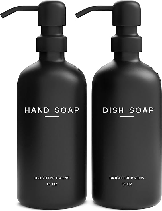Black Glass Soap Dispenser Set by Brighter Barns - Hand and Dish Soap Dispenser for Kitchen Sink - Kitchen Soap Dispenser Set & Pump - Farmhouse Kitchen Decor, Bathroom Decor & Accessories (Black)