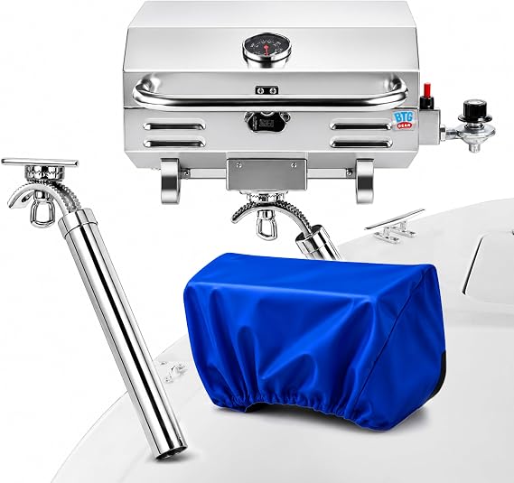 Tailwaves Marine Boat Grill w/Rod Holder Mount | Stainless Steel | Propane Boats & Tailgating & Camping | Built in Thermometer | Portable | Fold-away legs