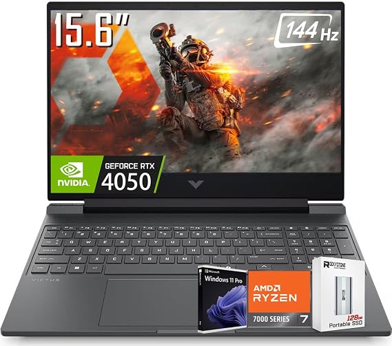 HP Victus RTX 4050 AI Gaming Laptop with Copilot, 15.6 FHD 144Hz, AMD Ryzen 7 7445HS(Beats Intel i9-12900), NVIDIA RTX 4050, 32GB DDR5 RAM, 2 TB PCIE SSD, Backlit Keyboard, W/128G PSD, Win 11 Pro