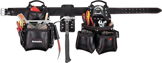 Hultafors Work Gear HT5449 4 Piece Premium Leather Pro-Framer's Combo System, Tool Belt, Double-Gusset Front Pockets, Molded Tape Holder, Leather Sleeves for Pry Bar, Combination Square, 18 Pockets