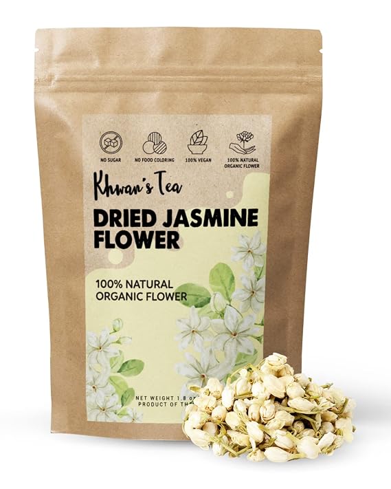 KHWAN'S TEA Dried Jasmine Flowers, Loose Leaf Jasmine Tea, 1.76 oz | Dried jasmine flower tea, Thai-grown hand-picked whole jasmine buds, caffeine-free loose leaf floral herbal tea, non-GMO, 50g