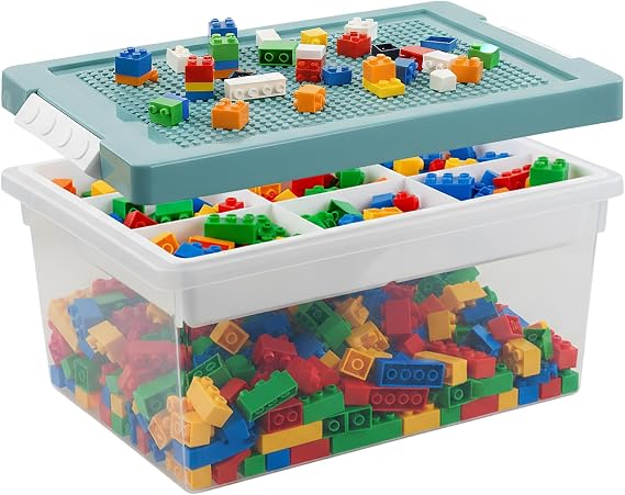 Storage Bins with Lids for Lego, Cube Kids Toy Box with Removable Tray Building Baseplate and Lid Stackable Plastic Boxes Organiser Craft Containers for Building Blocks Bricks Puzzle