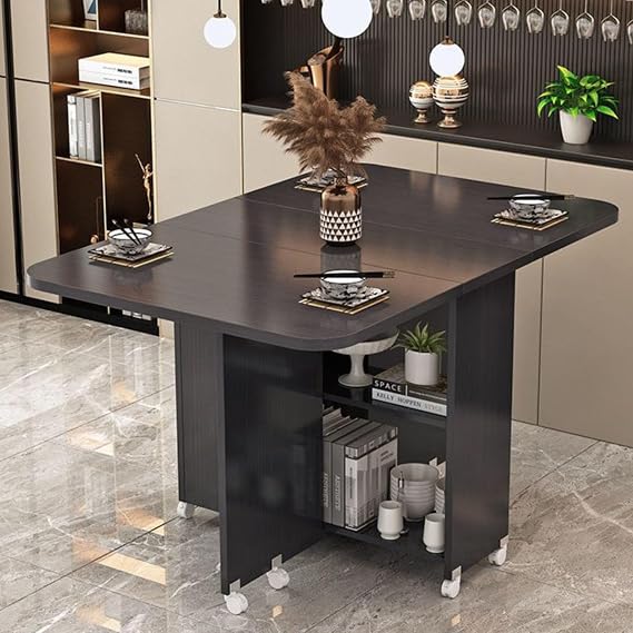 Drop Leaf Dining Table for Small Spaces, Folding Dining Desk with Storage Racks, Dining Table with Lockable Wheels And Storage, Extension Table for Kitchen Living Room,Black