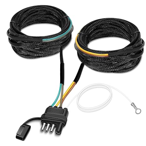Aila 25Ft 4 Pin Trailer Wiring Harness Kit with Black Nylon Protective Sleeve, Quick-Connect 4-Pin 5-Way Flat Extension Connector