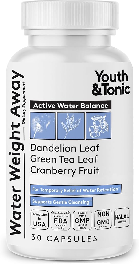 Youth & Tonic Water Pills for Fluid Retention Water Weight Away Natural Diuretic for Bloat Relief & Fluid Balance, Support for Swollen Legs & Feet with Potassium & Vitamin B6 30 Pills