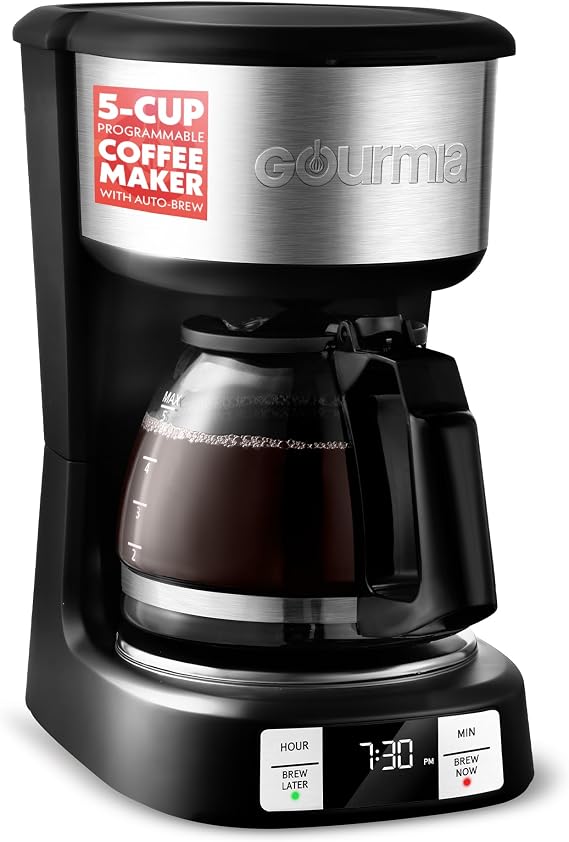 Gourmia Drip Coffee Maker 5 Cup, One-Touch Brew, Pause & Serve, Adjustable 4 Hr Keep Warm, EZ-View Water Window, Black