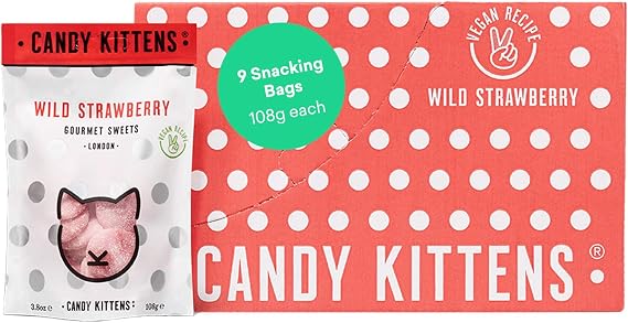 Candy Kittens Vegan Sweets - Gluten-Free - Natural Fruit Flavour Candy - Gummy Chewy Gourmet Sweets - Wild Strawberry, 108g (Pack of 9)