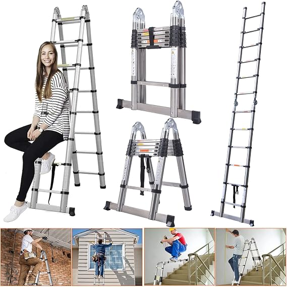 Stainless Steel Portable Folding Extendable Telescopic Ladder with Stabilizer Bar - Multi-purpose, EN131 Standard, Max Load 330LBS (1.9+1.9 M) for Home, Office, Loft Use