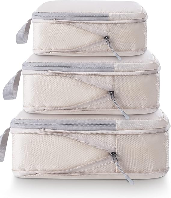 Meowoo Compression Packing Cubes for Suitcases, 3Pcs Extensible Suitcase Organiser, Lightweight Travel Luggage Organizer Packing Bags Storage Bags Travel Essentials Bag (Beige)