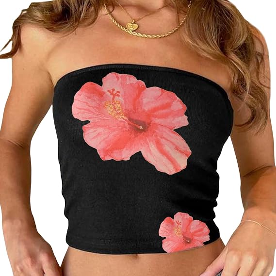 KOSUSANILL Y2K Tube Top Summer Women Sleeveless Aesthetic Graphic Sexy Bandeau Tank Floral Printed Bandeau Off Shoulder Shirt (Black, L), Large