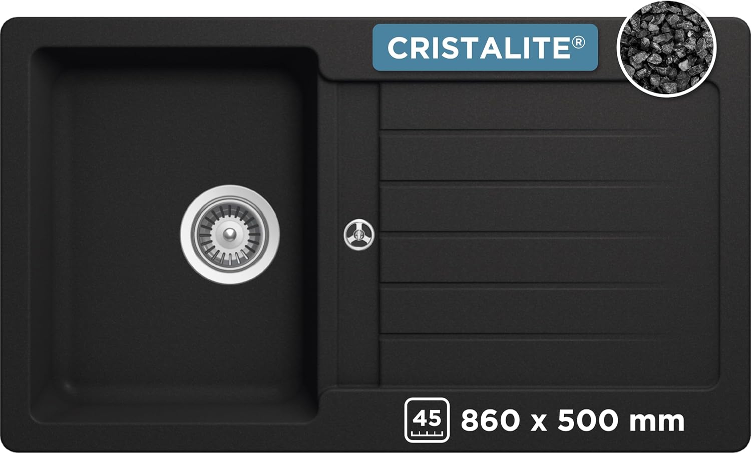shock typos d-100 kitchen sink in onyx i granite sink for 45 cm base cabinet i robust easy-care cristalite i spacious basin with draining board i designer sink with eccentric operation
