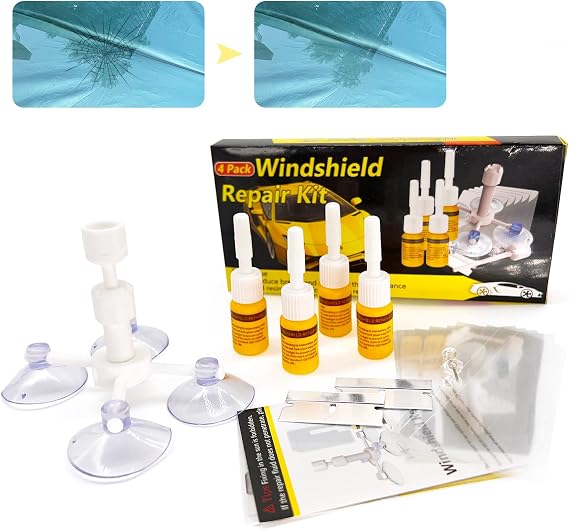 Windshield Repair Kit, 4 Pack Windshield Crack Repair Kit, Upgraded Windshield Chip Repair Kit with Pressure Syringes, Car Window Crack Repair Kit Quick Fix for Bulls-Eye & Star-Shaped Chips, Cracks