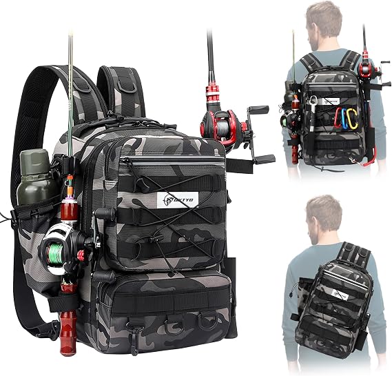 QKTYB Fishing Backpack Large Fishing Bag with Rod Holder, Zipper Waterproof Fishing Tackle Bag, Sling Fishing Gear Bag, Oxford Fabric Multi-Pocket Fishing Rucksack for Hiking Camping Travel