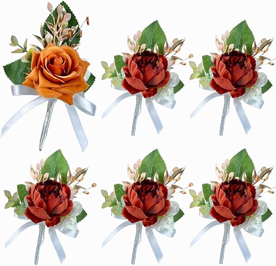 CherishedMoments 6Pcs Burnt Orange Boutonniere for Men,with Pins,Groom | Terracotta Orange|Artificial Silk Flowers |Groomsmen&Guest |Fall Vintage Wedding|Homecoming|Ceremony Anniversary|Prom