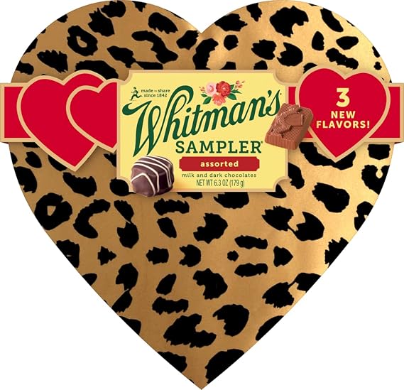 Russell Stover, Whitman's Assorted Chocolate Cheetah Heart Box, 6.3 Ounce