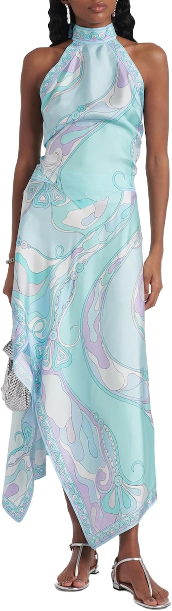 Sexy Two Piece Skirt Set for Women Printed Satin Halter Tops and Irregular Maxi Skirts Vacation Outfits