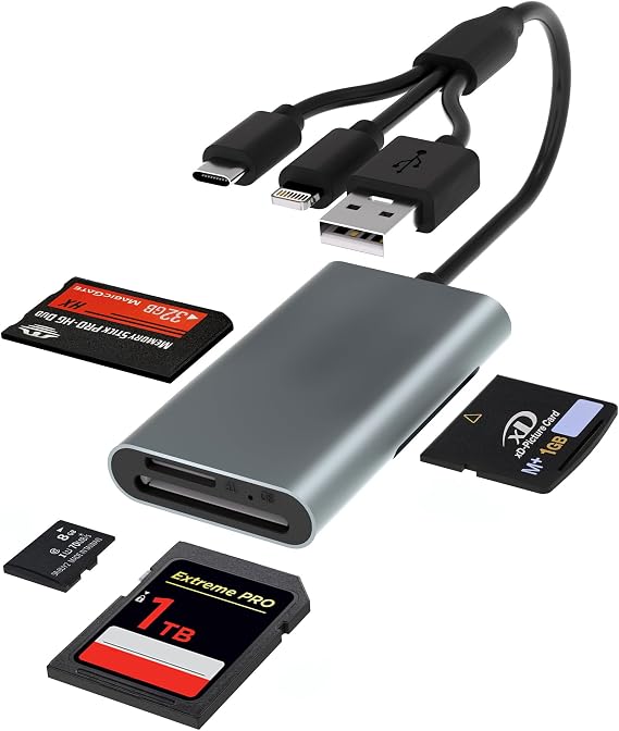Memory Stick pro Duo Adapter Reader - 4 in 3 SD/TF/MS/XD Card Reader to USB-C/Lightning/USB Port, Multi SD Card Reader XD Picture Card Adapter for iPhone 17/16/15/14/Pad/PC/Android/iOS/Sony CyberShot