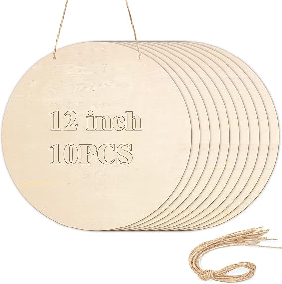 10Pcs Thicken Wood Circles for Crafts with Holes,12" Unfinished Wood Rounds