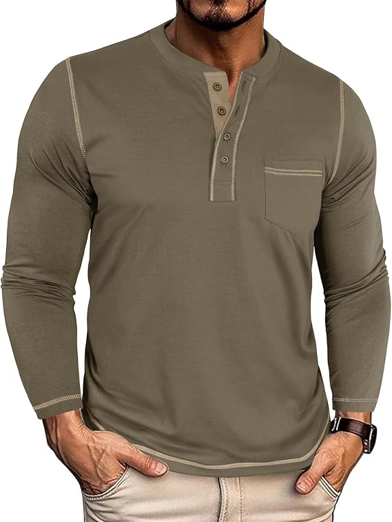 Men's Long-Sleeved T-Shirt Henley Shirt Long Sleeve Cotton Men's Long Shirt with Pocket M-3XL
