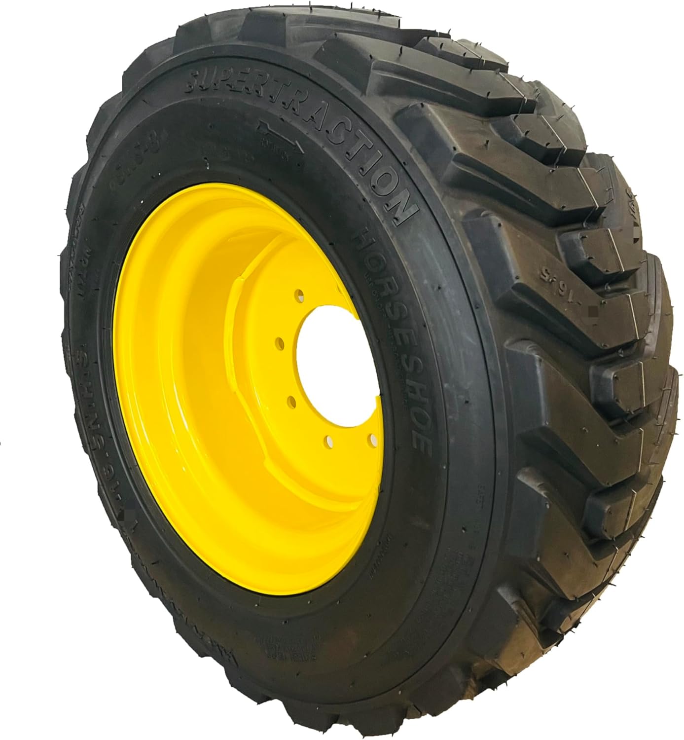 HORSESHOE 12-16.5 16PLY R-4 Extra Thick Rim-Guard Wall Super Heavy Duty LRH Tire mounted on 16.5x9.75 YellowCT Steel rim with Brass Valve Stem & Protection Shield - 12X16.5 16.5x9.75 SKS-8 2