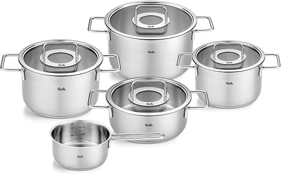 Fissler Pure Collection Stainless Steel 9 Piece Cookware Set with Glass Lids, All Stovetops Including Induction, Rivet-Free, Oven Safe to 450F, Dishwasher Safe