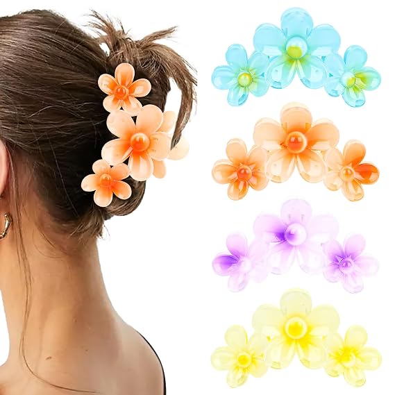 CURASA 4Pcs Flower Claw Clips Hawaiian Flower Hair Clips for Women Girls Plumeria Hair Clip Hibiscus Hair Claw Clips for Thick Hair Flower Claw Clip Large Summer Hair Accessories for Holiday Gifts