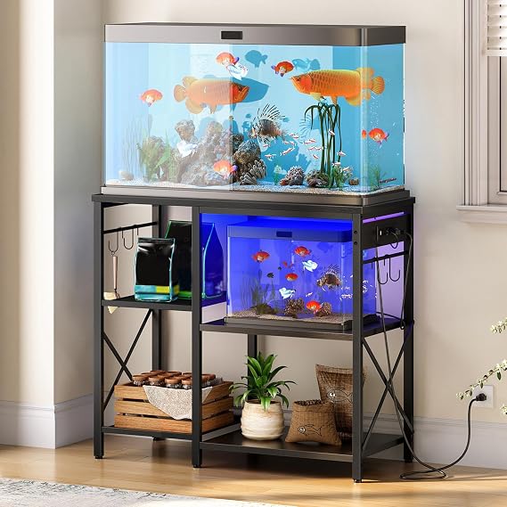 HOOBRO Fish Tank Stand with Power Outlet and LED Light, 20-29-37 Gallon Aquarium Stand with Storage Shelves, 30.7" L x 13.8" W, Reptile Tank Stand with Stable Metal Frame, Black BK80UDFT01G1