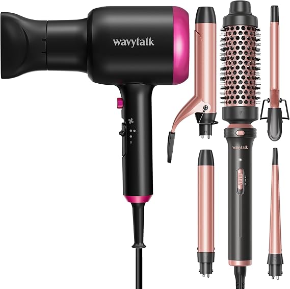 Wavytalk Professional Hair Dryer with Diffuser, 1875W Blow Dryer Ionic Hair Dryer for Women,Wavytalk 5 in 1 Curling Iron Set with Curling Brush and 4 Interchangeable