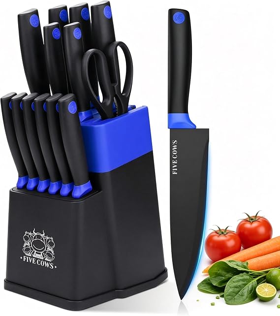 14 Pcs Kitchen Knife Block Set with Sharpener German High Carbon Stainless Steel Chef Knives, Razor-Sharp & Durable, Lightweight Anti-Slip Handle, Professional Set for Home & Kitchen (Blue)
