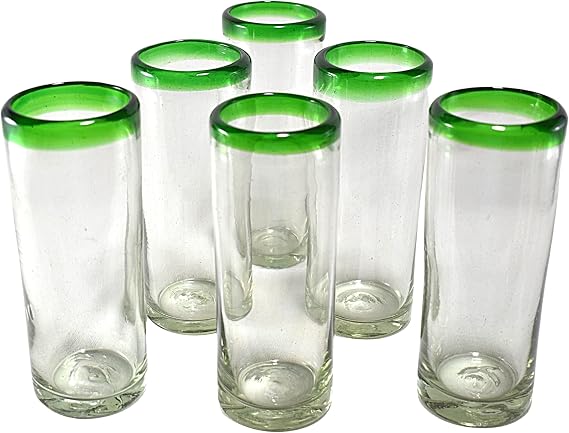 MAREY Hand Blown Drinking Glasses Artisan Crafted from Mexico Set of 6 pieces (Green Rim, Highball 13 Oz.)