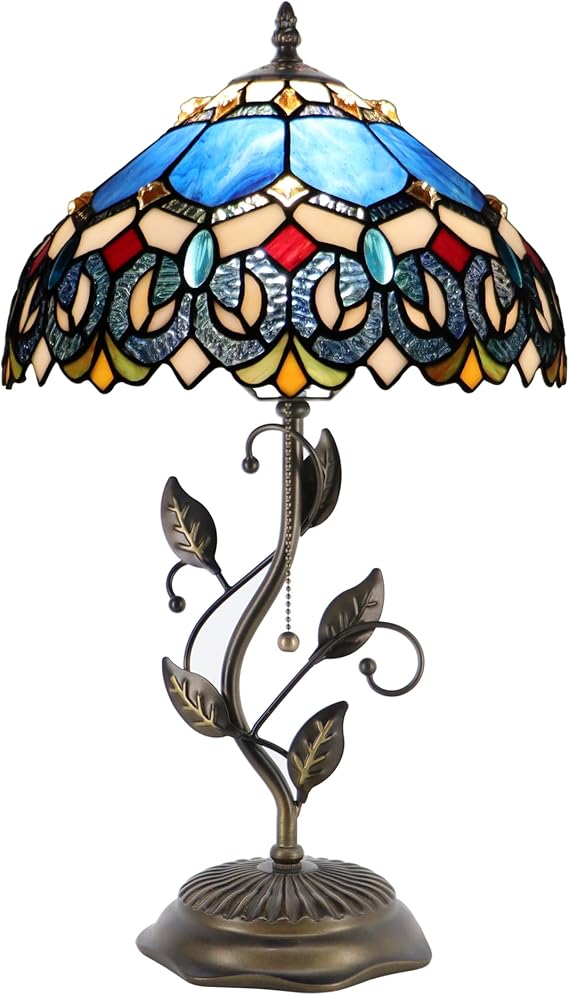 Tiffany Table Lamp, Stained Glass Desk Light, 12X12X19 Inch,Bedside Reading Light, Metal Leaf Base (Blue Baroque)