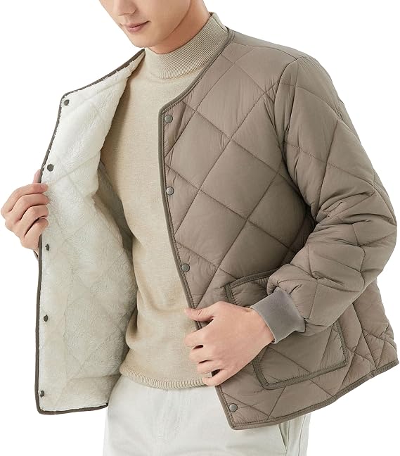 Mens Long-Sleeved Diamond Quilted Jacket Winter Warm Padded Coats Outwear Thicken Solid V Neck Cotton Coat (Khaki 1,3X-Large)