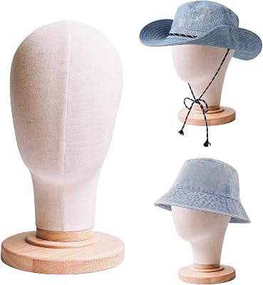 CHADWICK Wig Head Stand 21 Inch Mannequin Head Hat Display Stand Linen Wig Holder, Wig Display Model Fabric Head Wig Stand for Wigs, Hats, Caps, Headdress, Canvas Dome  Detachable Wood Stand