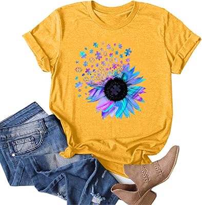 WUAI Summer Tops for Women Plus Size Short Sleeve Loose Fit Sunflower Graphic Tees Cotton Holiday Shirts Blouses
