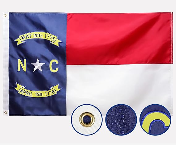 Double Sided North Carolina State Flag 3x5 Outdoor The Longest Lasting NC Flags Heavy Duty 210D Nylon, Sewn Stripes, Embroidered Star, Stronger Brass Grommets,4 Stitched Hemming, Perfect