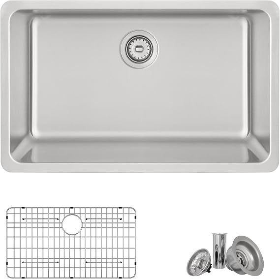 Stylish 30 x 18 Inch Drop in or Undermount Kitchen Sink 18G 9 Inches Deep Stainless Steel Single Bowl Kitchen Sinks with Bottom Grid and Standard Metal Strainer, S-411TG