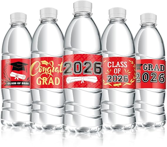 2026 Graduation Water Bottle Labels, 40pcs Graduation Decorations Class of 2026 Personalized Stickers for Bottles, Graduations Favors Party Supplies Decors for High School College Red