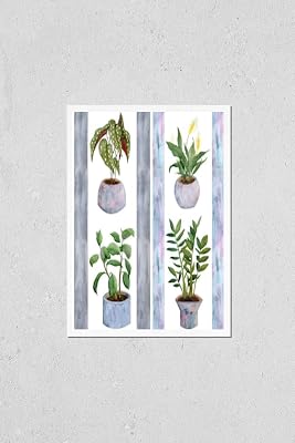 Poster Reproduction of watercolor hand drawn seamless pattern with spotted begonia peace lily Spathiphyllum ficus rubber plant zz Zamioculcas grey neutral stripes nature leaf indoor interior
