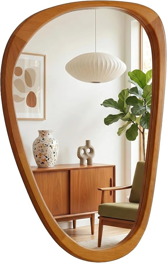 Solid Wood 36x24 Warm Walnut Irregular Bathroom Vanity Wall Mirror | Warm organic tone softens Japandi bathrooms, over-sink vanities, powder rooms, dresser walls, modern organic rooms
