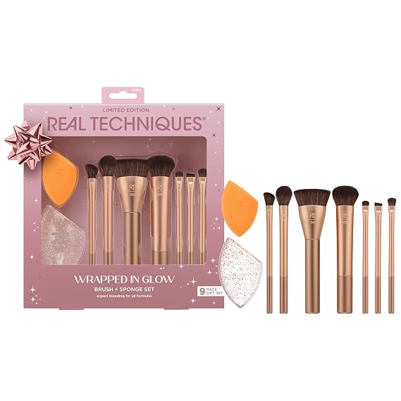 Real Techniques Wrapped In Glow Brush + Sponge 9 Piece Holiday Gift Set, Complete Makeup Brush Set, Foundation Sponge, Seamless Blending & Travel Case, Stocking Stuffer, Limited Edition, Latex-Free