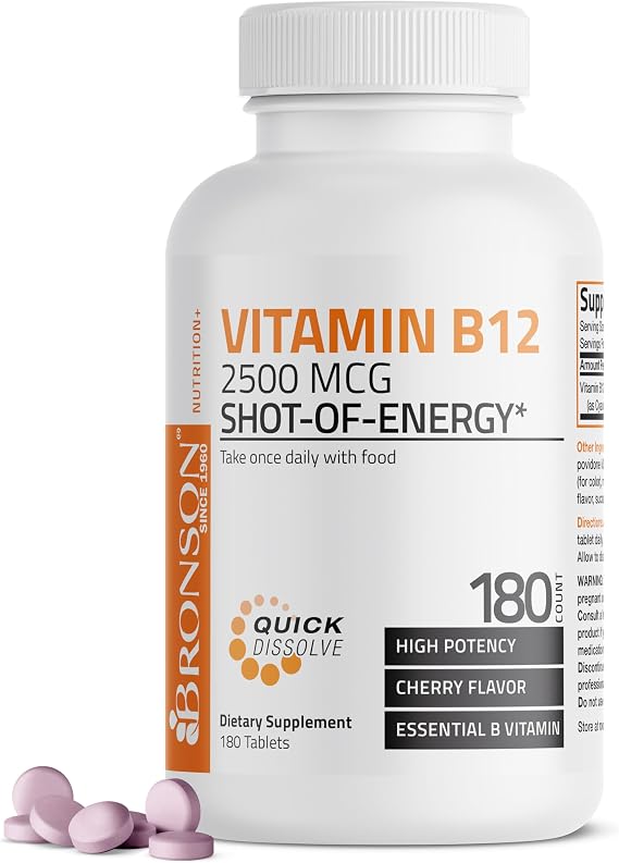 Vitamin B12 2500mcg Shot of Energy Fast Dissolve Chewable Tablets - Quick Release Cherry Flavored Sublingual B12 Vitamin - Supports Nervous System, Healthy Brain Function Energy Production 180 Count
