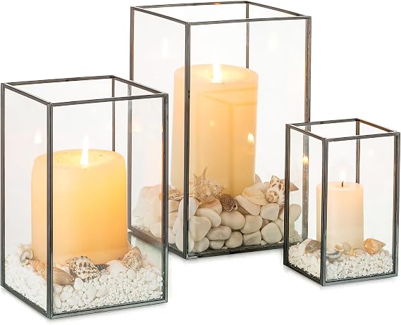 NUPTIO Glass Hurricane Candle Holder: 3 Pcs Black Lanterns Geometric Pillar Candles Holder Decorative Lantern Centerpiece for Outdoor & Indoor Halloween Holiday Fireplace Decor 8.1 & 6.5 & 4.7 inch