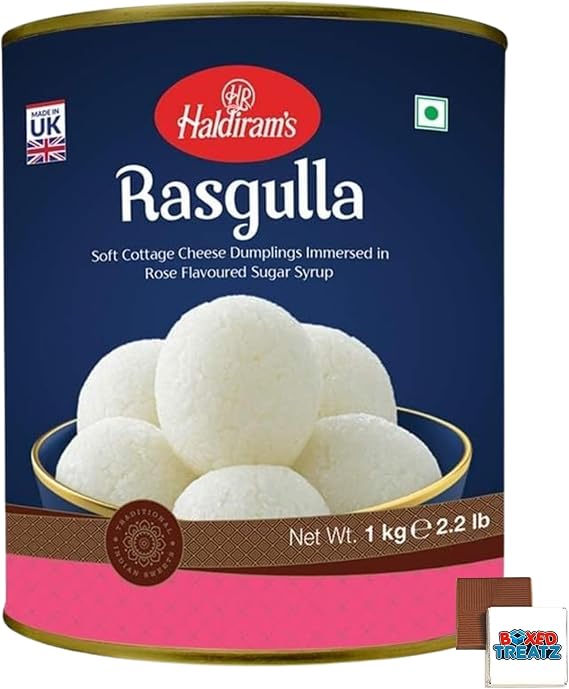 Haldiram Indian Sweets 1KG Gulab Jamun Tin | Rasgulla Tin Popular Indian Sweets For Every Occasions Rich Flavour/Dessert/Sweet Gifts/Festival/Celebrations Boxed Treatz (1KG, Rasgulla)