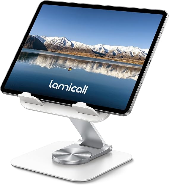 Lamicall Adjustable iPad Stand for Desk, Ultra-Slim Foldable, 360 Rotation | [Foldable Ultra-Slim][ 360Rotation Base] Heavy-Duty Tablet Holder Stand for 4.7-13" iPad Pro Air Mini E-Reader Kindle Tabs